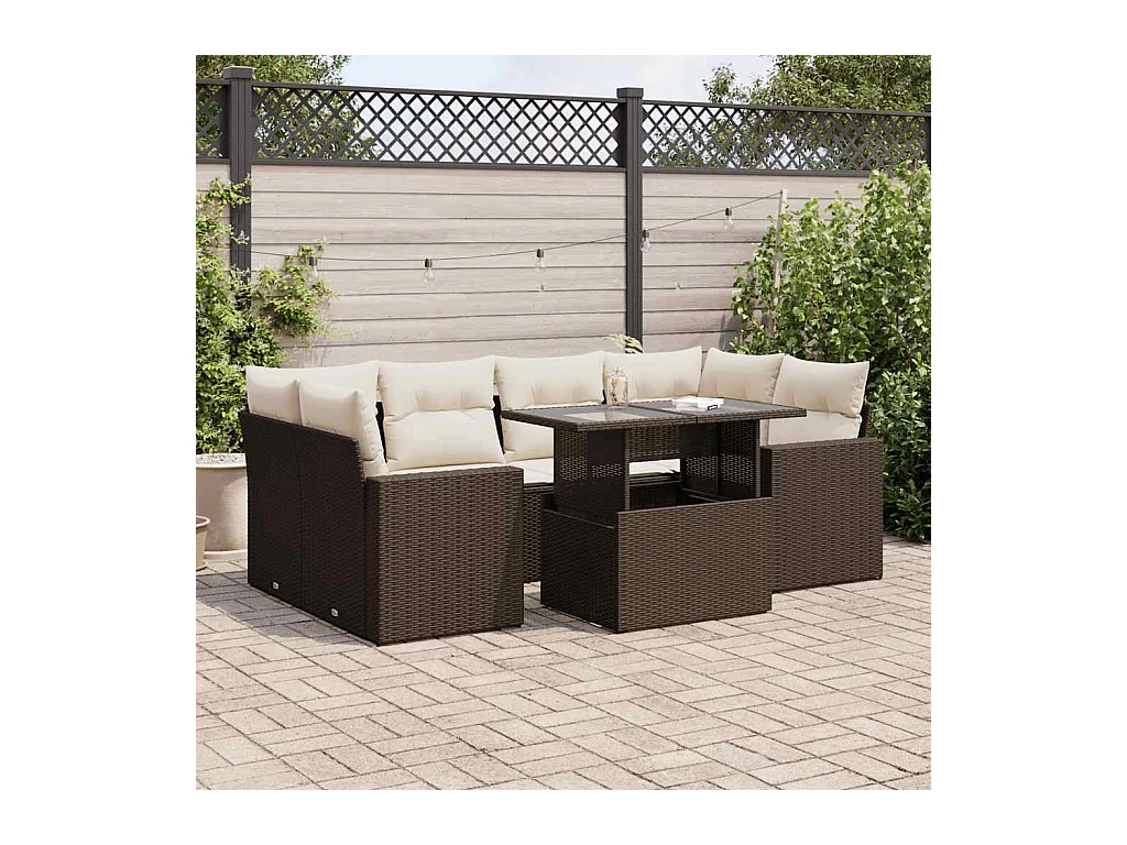 Salon de jardin avec coussins 7 pcs marron résine tressée