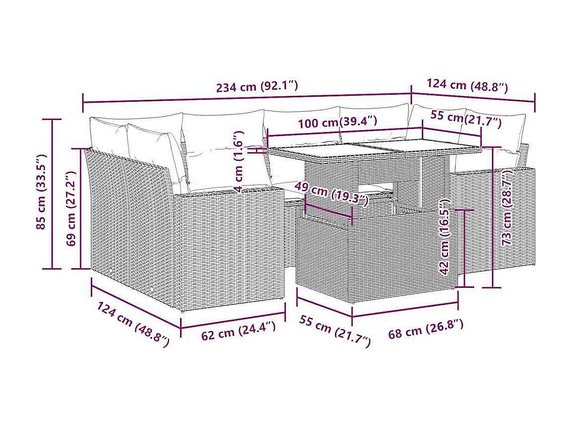 7 pcs conjunto de sofás jardim c/ almofadões vime PE castanho