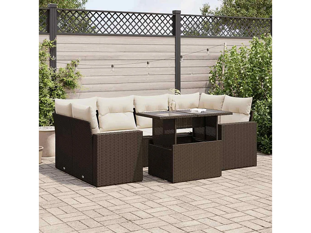 7-tlg. Garten-Sofagarnitur mit Kissen Braun Poly Rattan