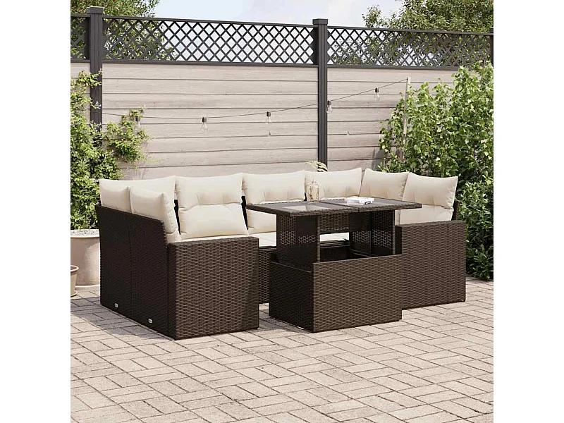 7-delige Loungeset met kussens poly rattan bruin