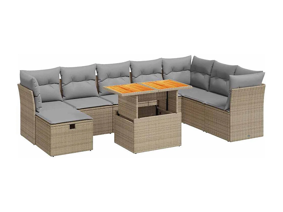 Salon de jardin avec coussins 9 pcs beige résine tressée acacia
