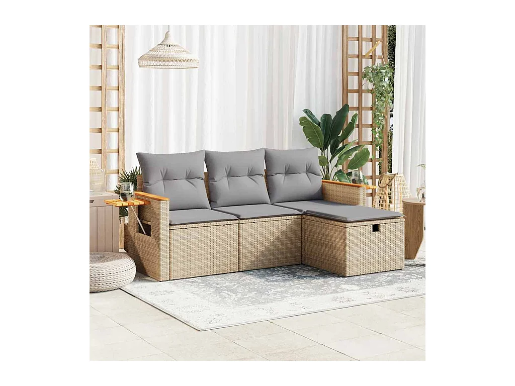 Salon de jardin avec coussins 4 pcs beige résine tressée