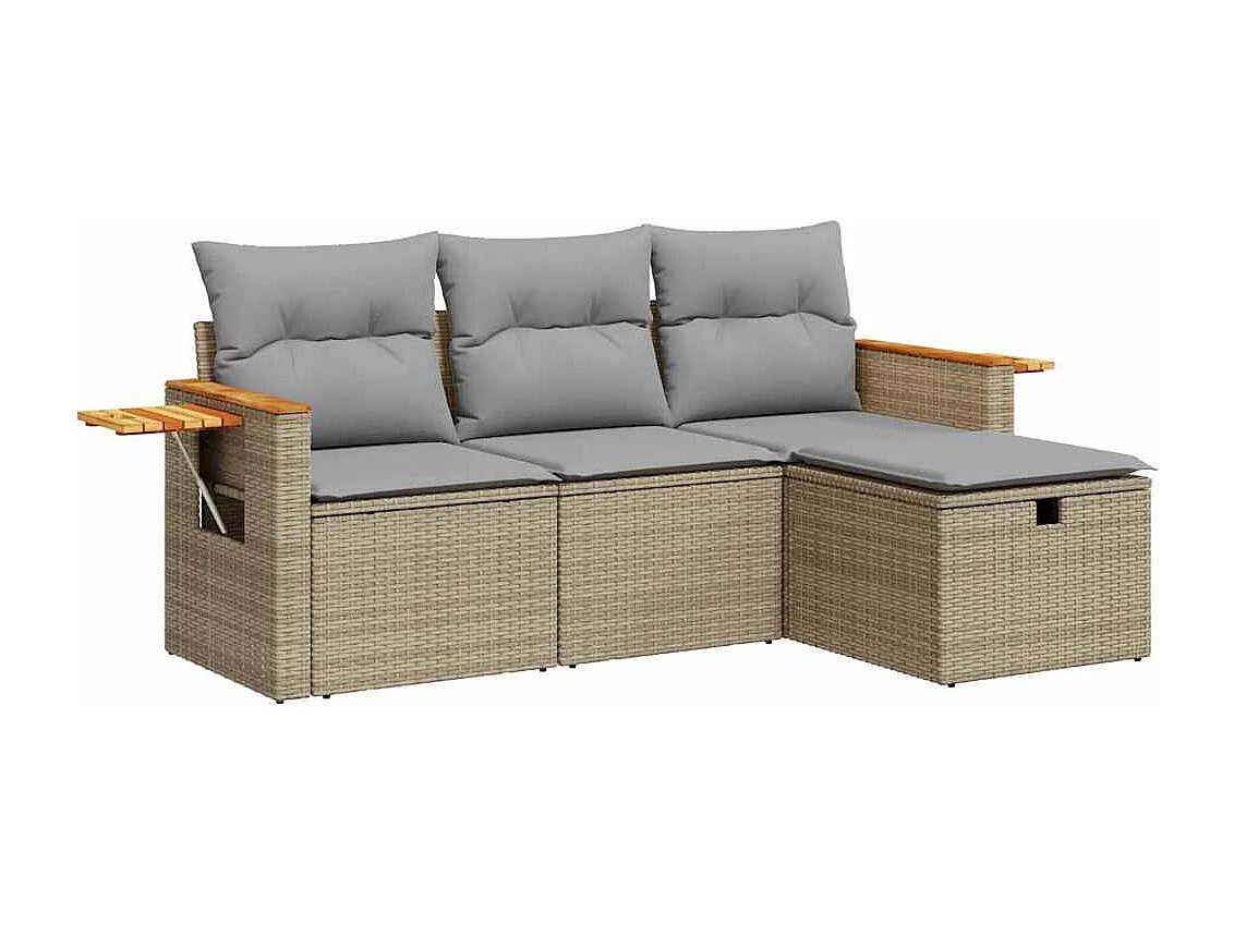 4-tlg. Garten-Sofagarnitur mit Kissen Beige Poly Rattan