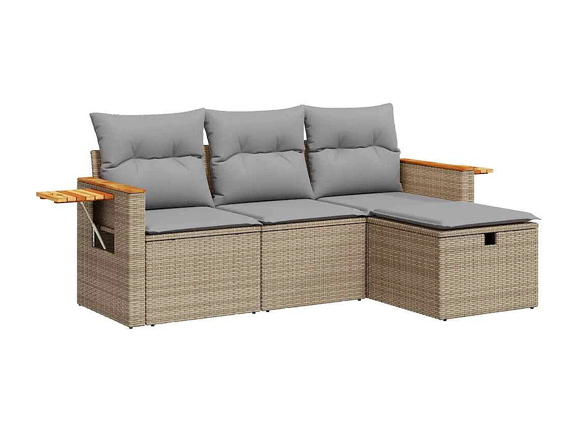 Set Divano da Giardino 4 pz con Cuscini Beige in Polyrattan