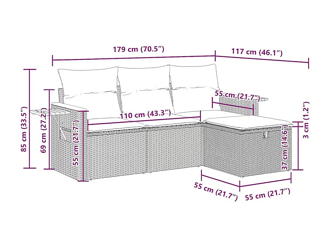 Set Divano da Giardino 4 pz con Cuscini Beige in Polyrattan