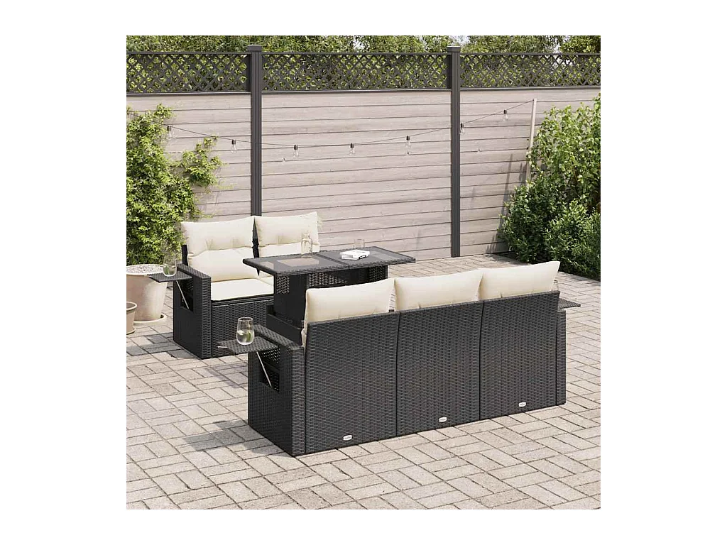 Salon de jardin 6 pcs avec coussins noir résine tressée
