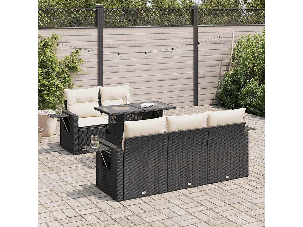 Salon de jardin 6 pcs avec coussins noir résine tressée