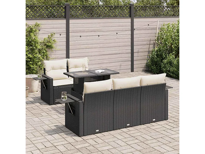 Salon de jardin 6 pcs avec coussins noir résine tressée