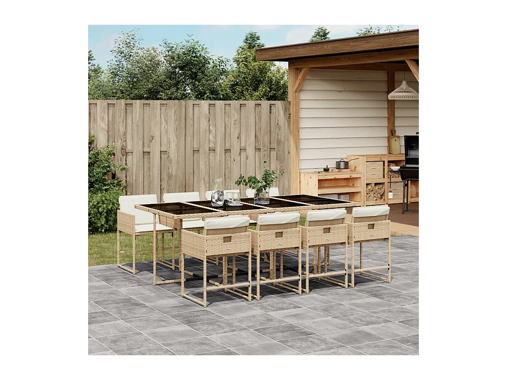 Ensemble à manger de jardin et coussins 9 pcs beige Poly rotin