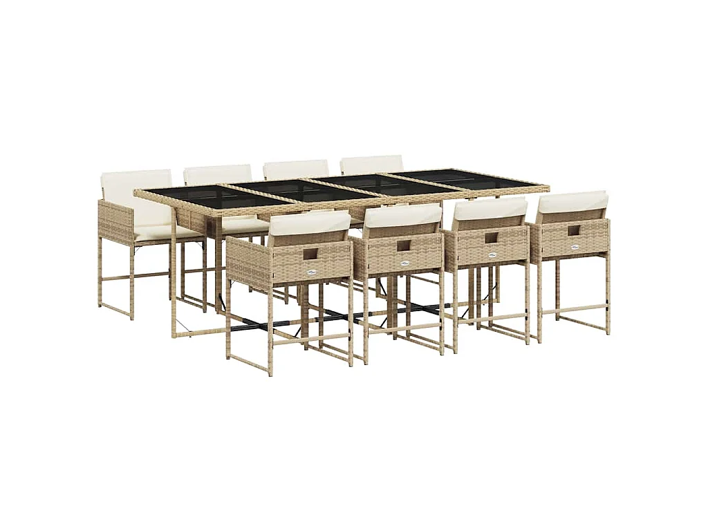 Ensemble à manger de jardin et coussins 9 pcs beige Poly rotin