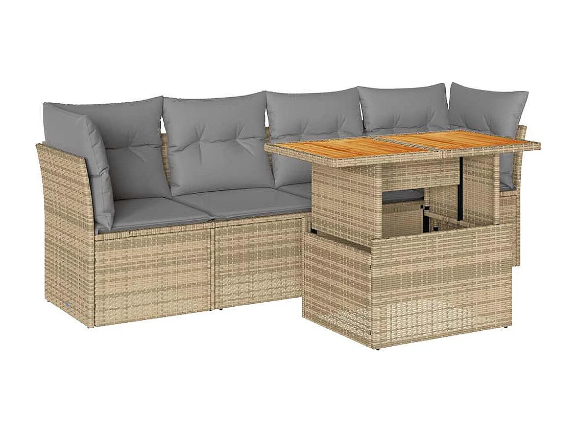 Set Divano da Giardino 5 pz con Cuscini Beige in Polyrattan