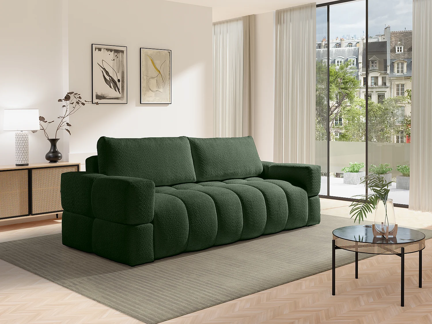 Canapé 3 places convertible en tissu bouclette vert ISSORO II