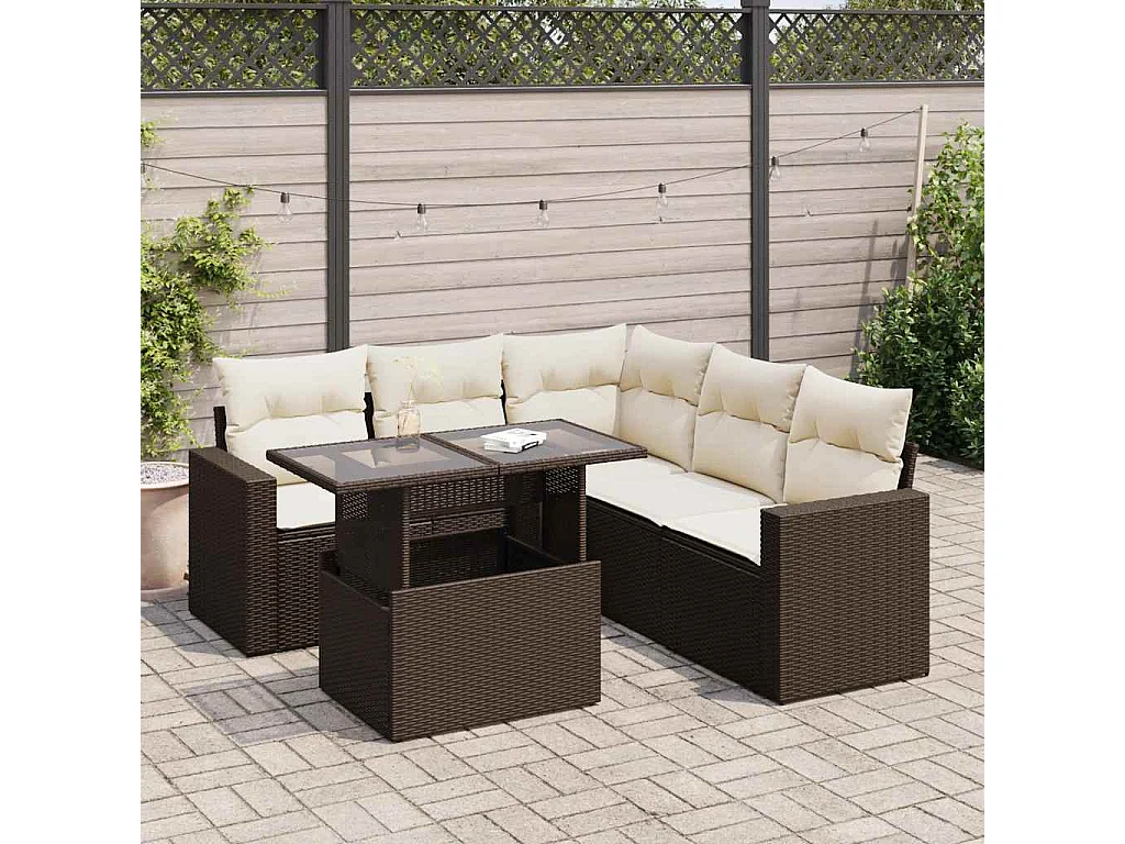 Set Divano da Giardino 6 pz con Cuscini Marrone in Polyrattan