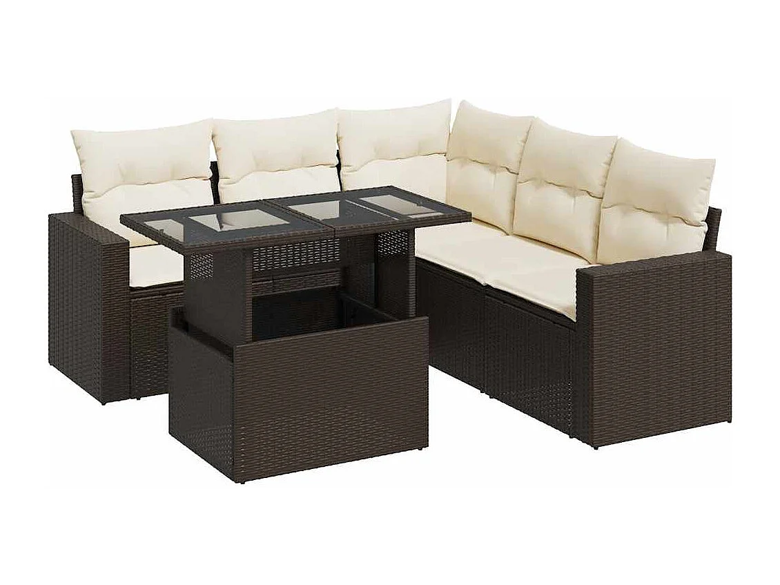 6-delige Loungeset met kussens poly rattan bruin