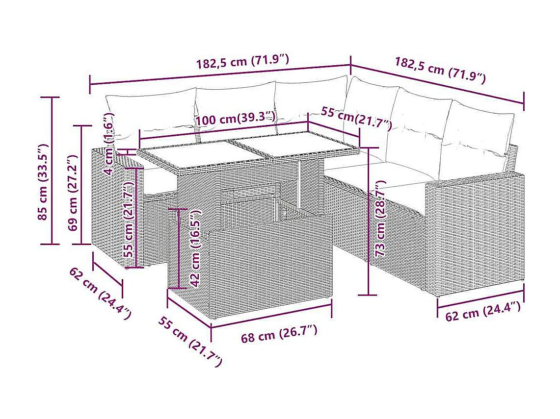 6-delige Loungeset met kussens poly rattan bruin
