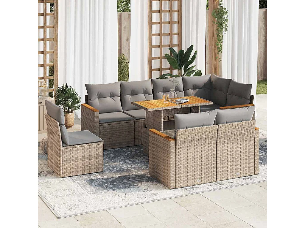 9-tlg. Garten-Sofagarnitur mit Kissen Beige Poly Rattan Akazie