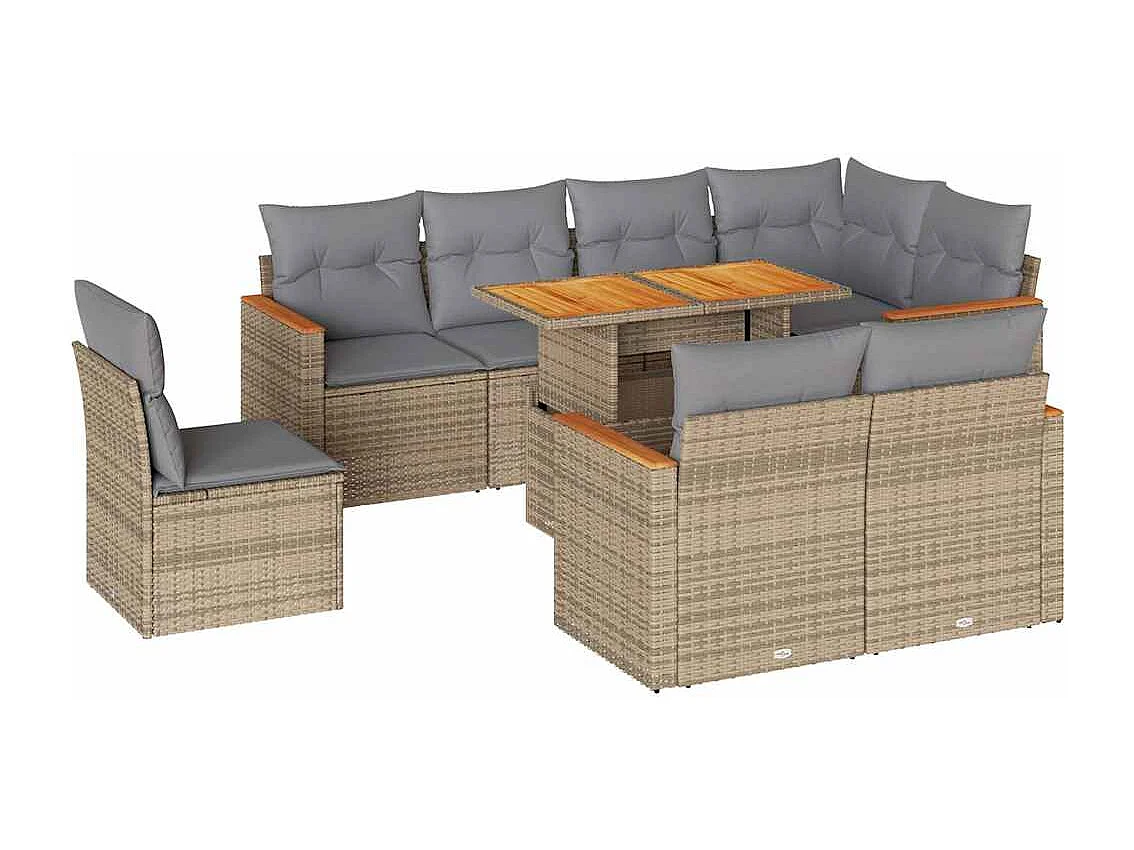 9-tlg. Garten-Sofagarnitur mit Kissen Beige Poly Rattan Akazie