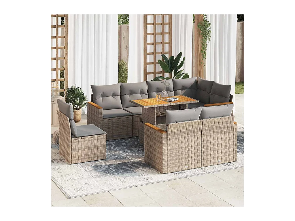 Salon de jardin avec coussins 9 pcs beige résine tressée acacia