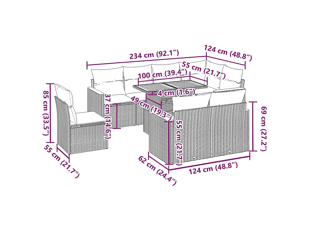 Set sofás jardín y cojines 9 pzas ratán sintético acacia beige