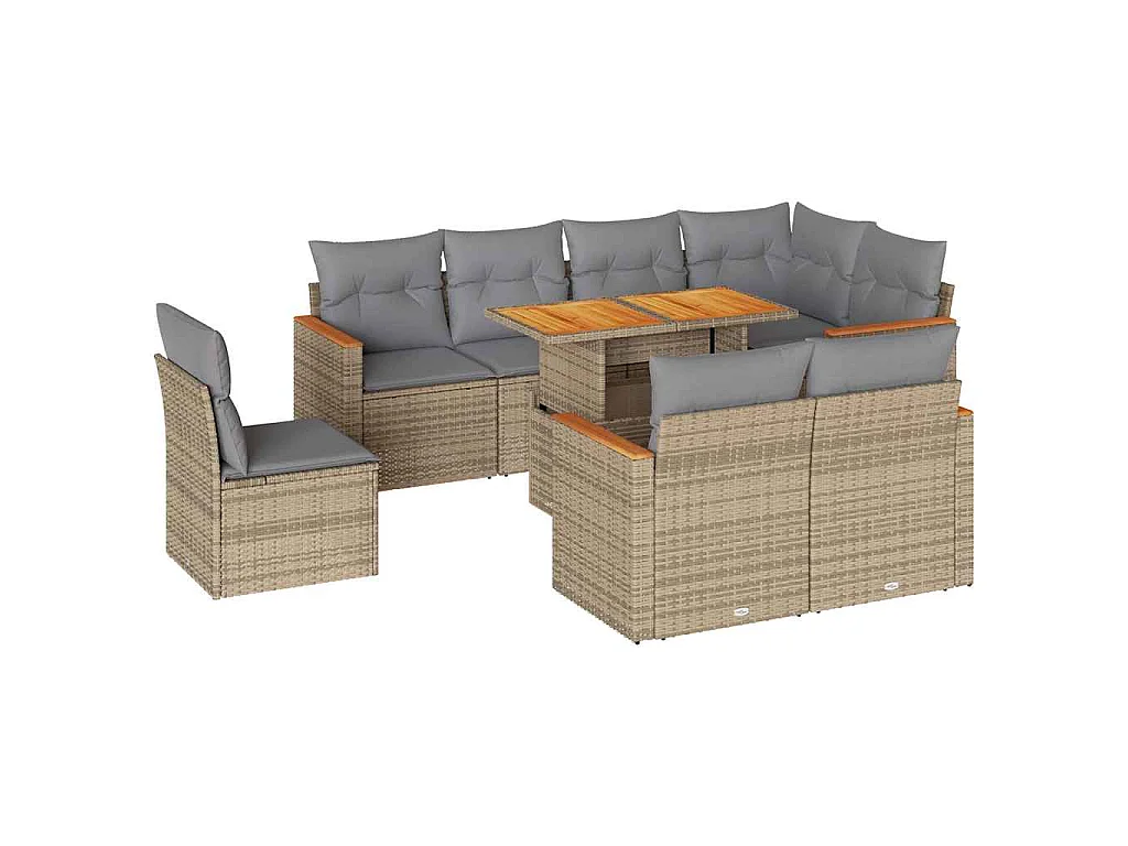 Set sofás jardín y cojines 9 pzas ratán sintético acacia beige