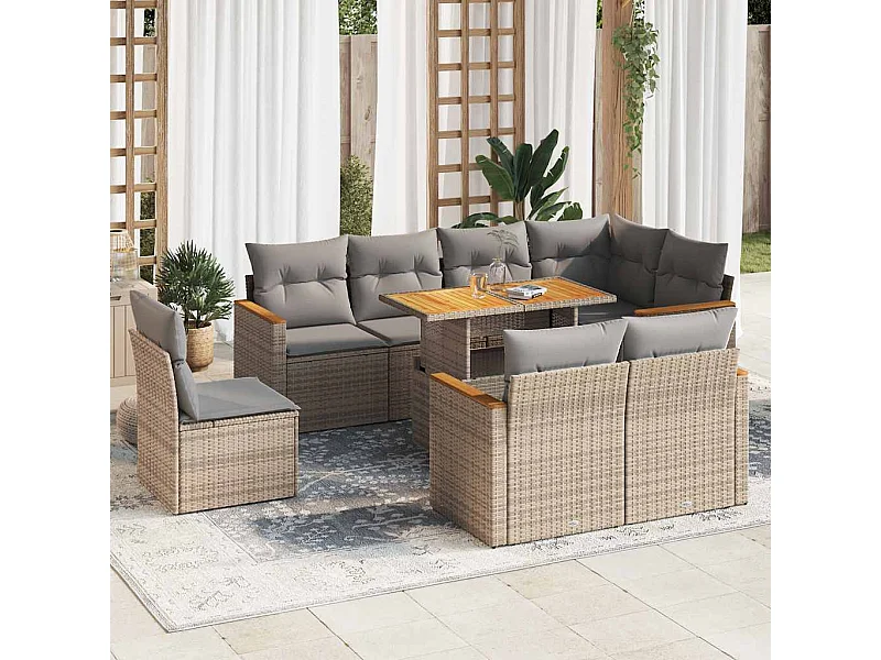 Salon de jardin avec coussins 9 pcs beige résine tressée acacia