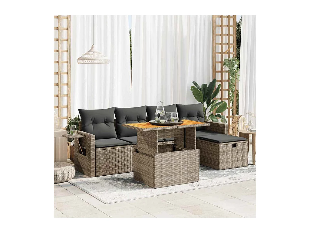 6-tlg. Garten-Sofagarnitur mit Kissen Grau Poly Rattan Akazie