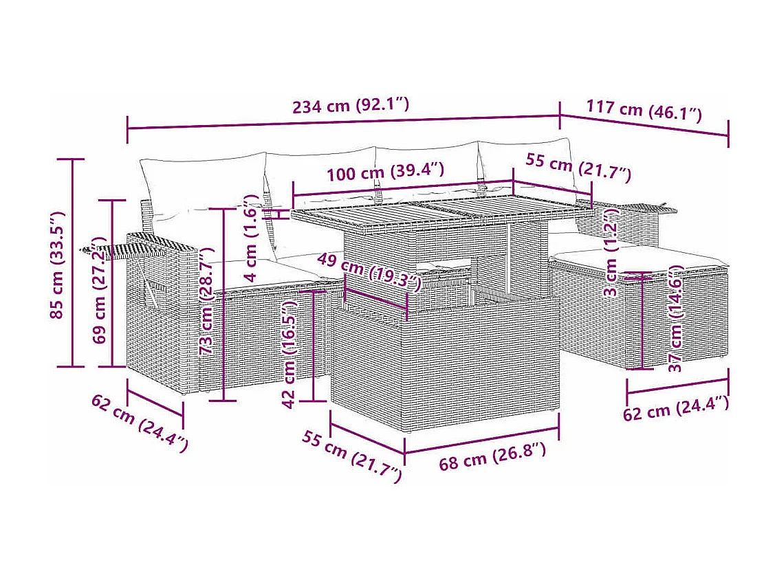 6 pcs conjunto sofás jardim com almofadões PE/acácia cinzento