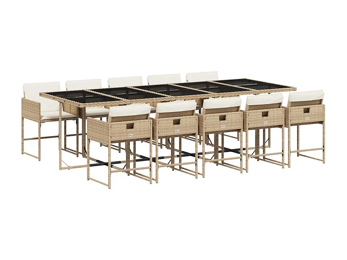 Ensemble à manger de jardin et coussins 11 pcs beige poly rotin