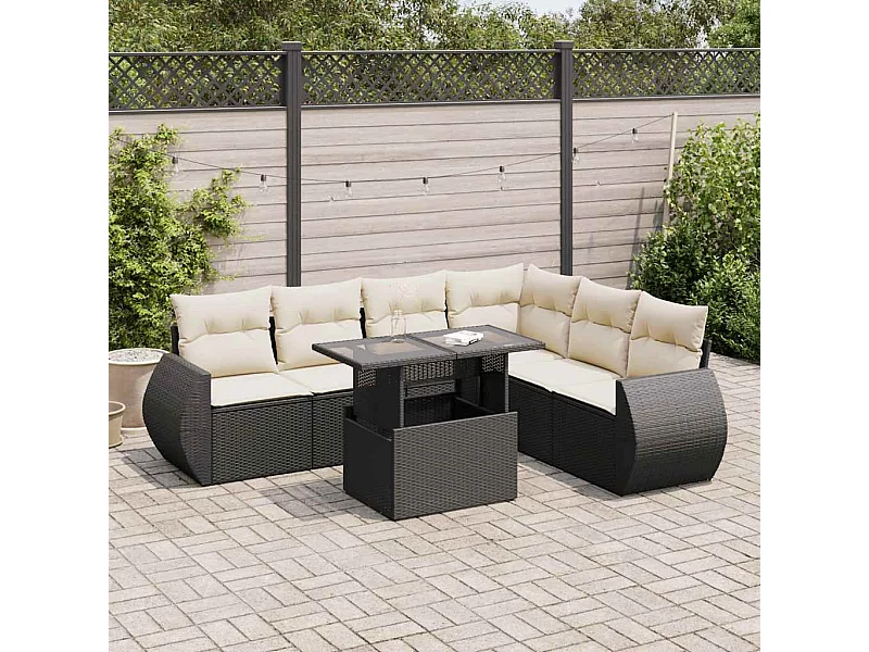 Salon de jardin 7 pcs avec coussins noir résine tressée