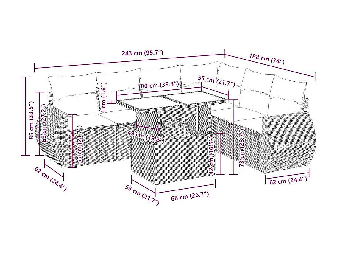 Salon de jardin 7 pcs avec coussins noir résine tressée