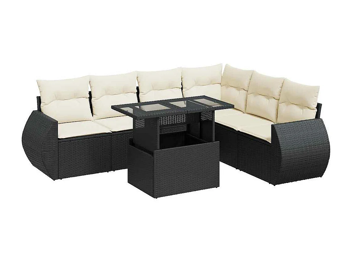 7-tlg. Garten-Sofagarnitur mit Kissen Schwarz Poly Rattan