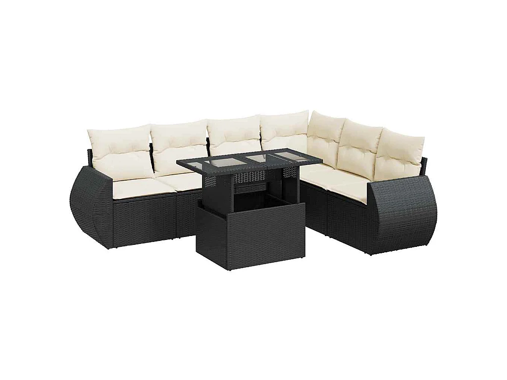 7-tlg. Garten-Sofagarnitur mit Kissen Schwarz Poly Rattan