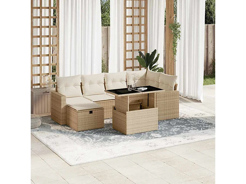 Set sofás de jardín 7 piezas y cojines ratán sintético beige