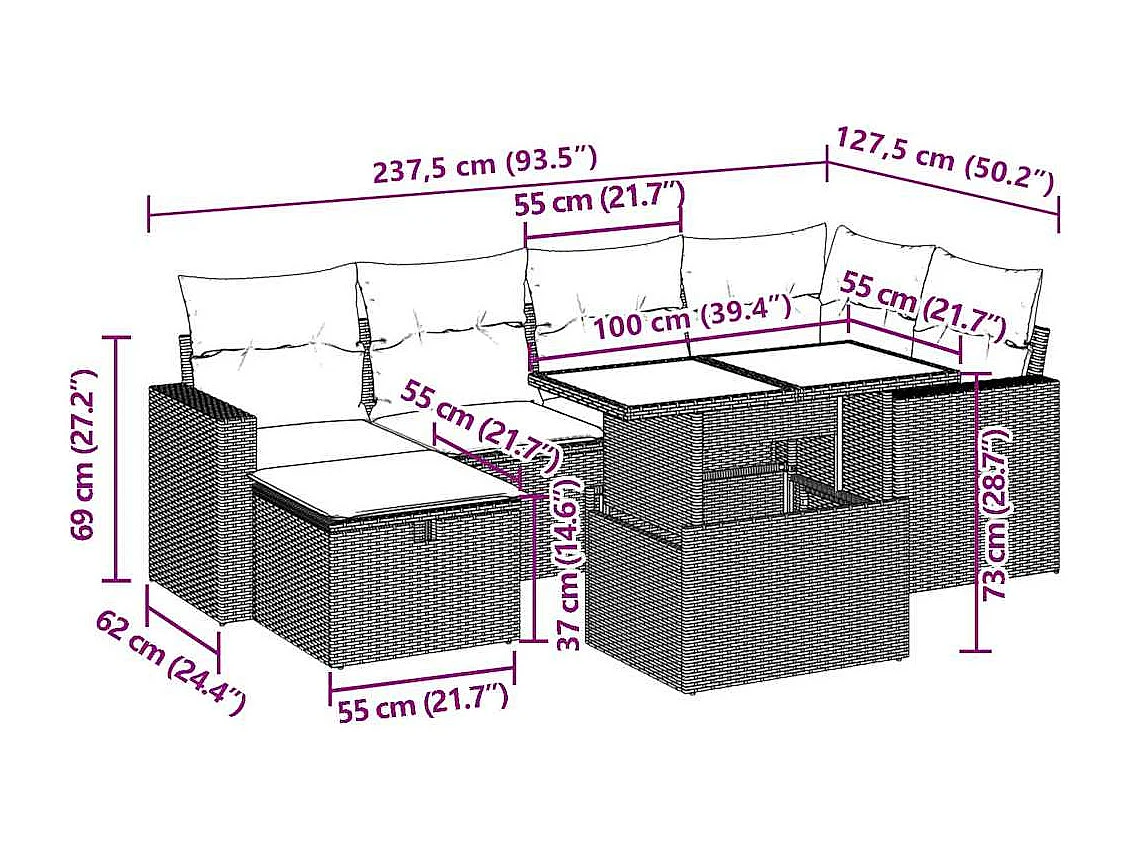 Salon de jardin avec coussins 7 pcs beige résine tressée