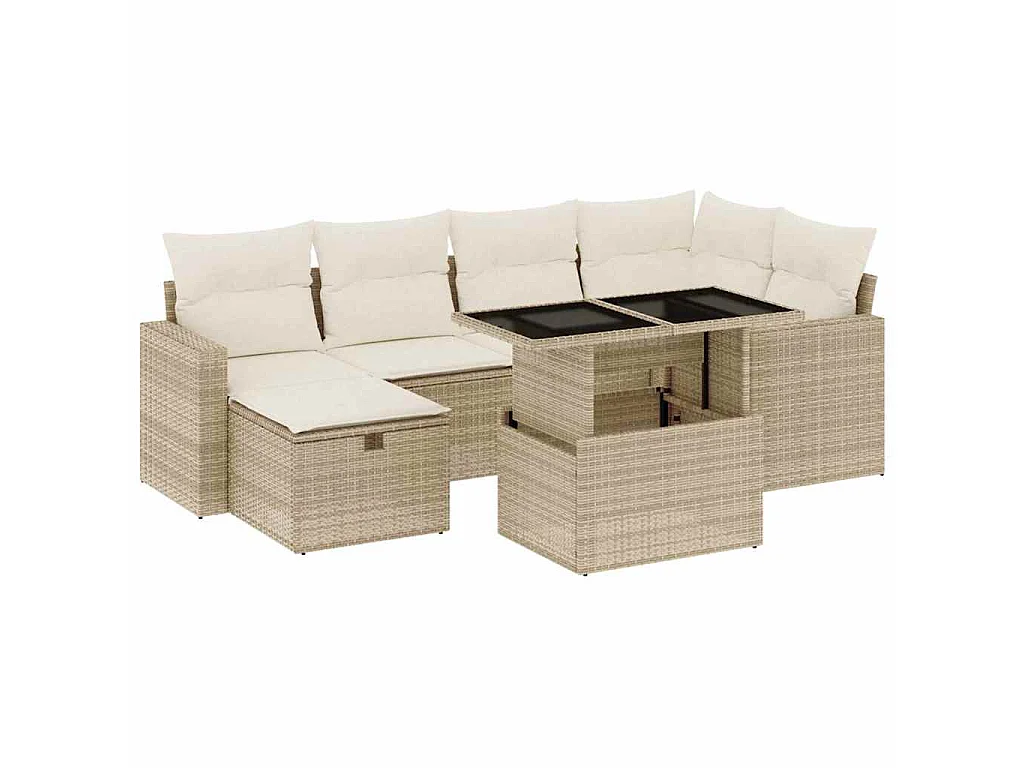 Set Divani da Giardino 7 pz con Cuscini Beige in Polyrattan