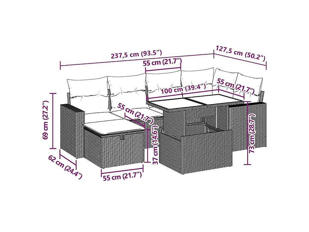 Set Divani da Giardino 7 pz con Cuscini Beige in Polyrattan