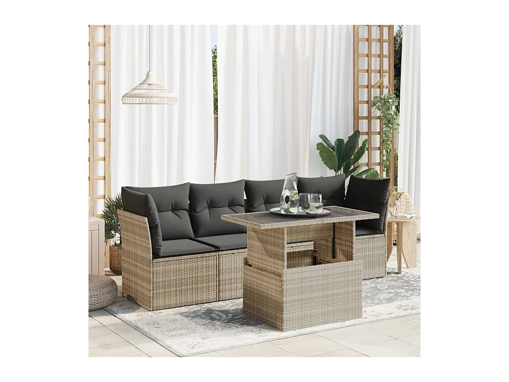 Salon de jardin 5 pcs avec coussins gris clair résine tressée