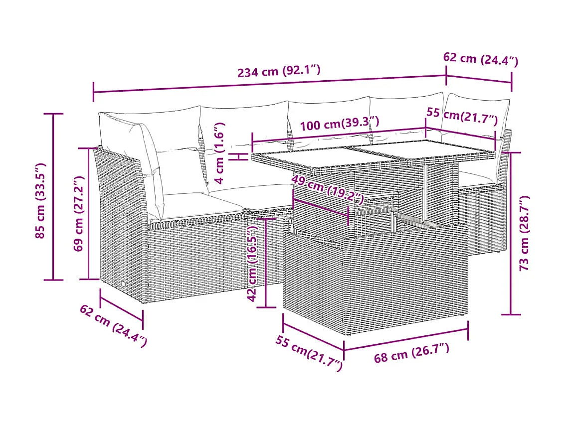 5-tlg. Garten-Sofagarnitur mit Kissen Hellgrau Poly Rattan