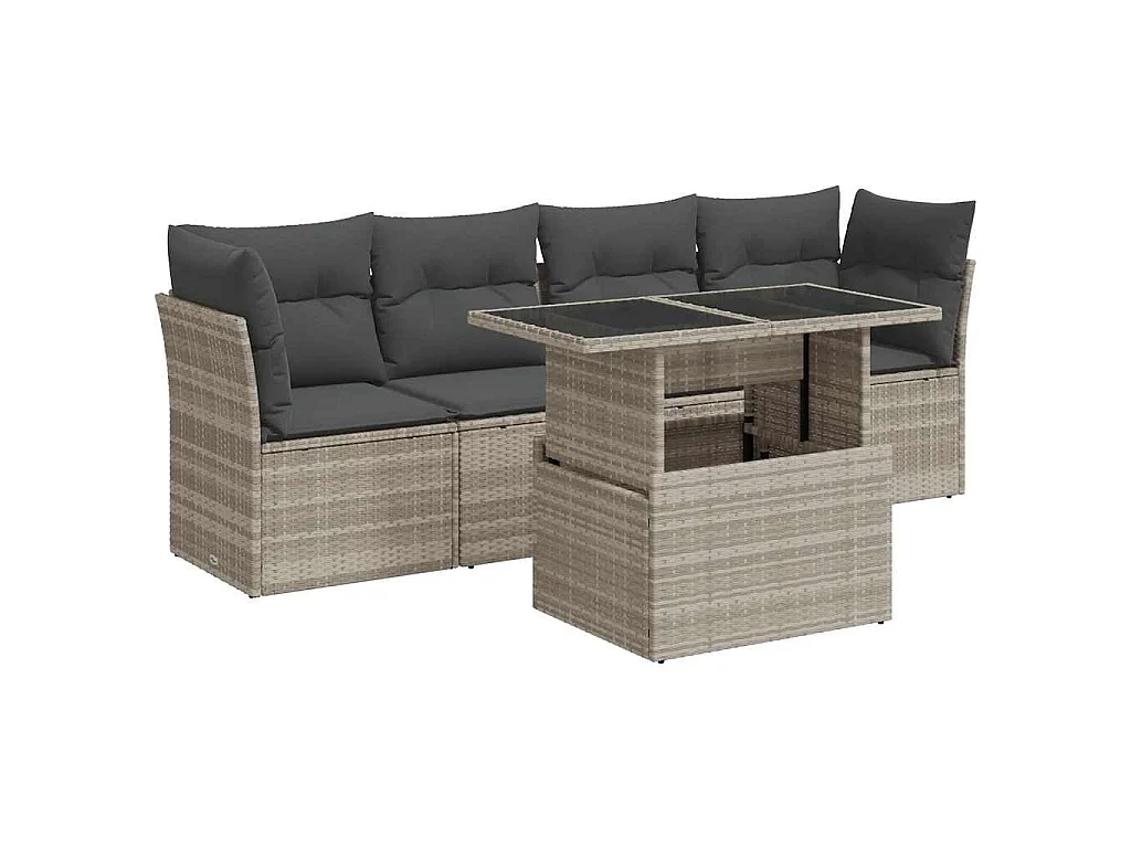 5-tlg. Garten-Sofagarnitur mit Kissen Hellgrau Poly Rattan