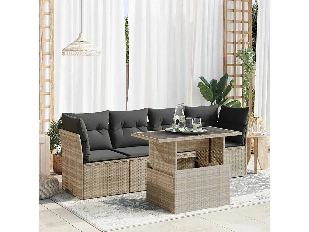 5-tlg. Garten-Sofagarnitur mit Kissen Hellgrau Poly Rattan