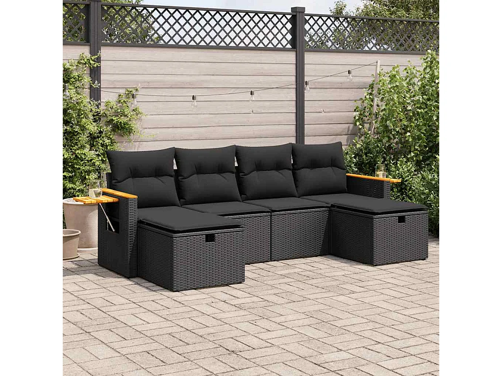 Salon de jardin 6 pcs avec coussins noir résine tressée