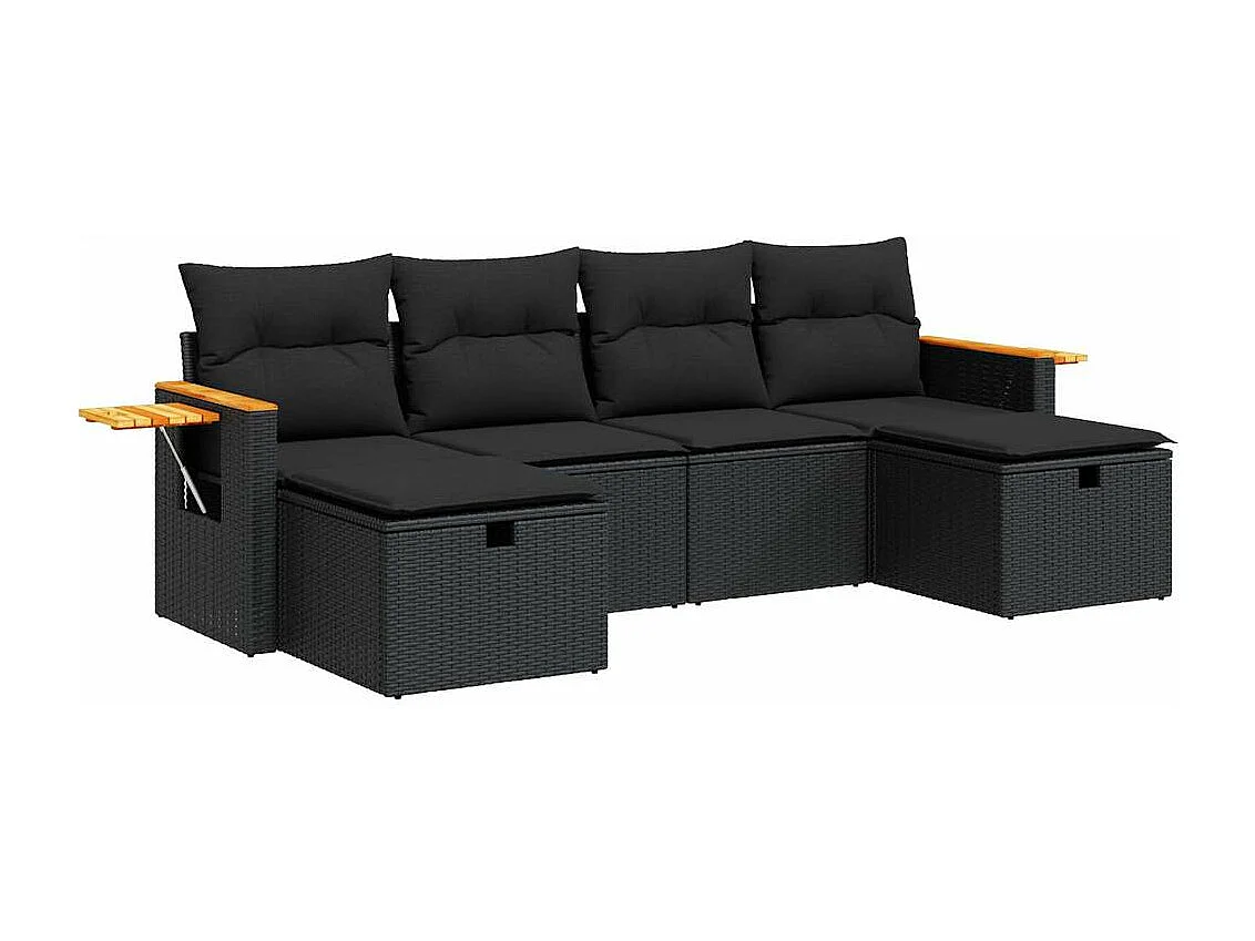 Salon de jardin 6 pcs avec coussins noir résine tressée