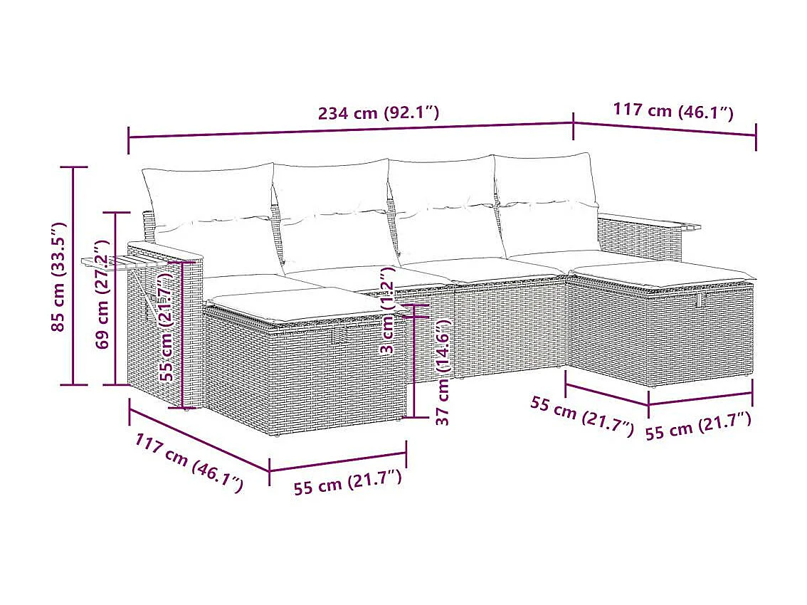 Salon de jardin 6 pcs avec coussins noir résine tressée