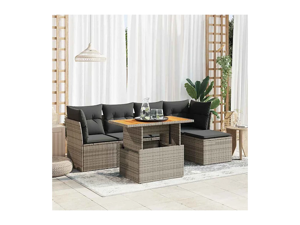 Salon de jardin 6 pcs avec coussins gris résine tressée