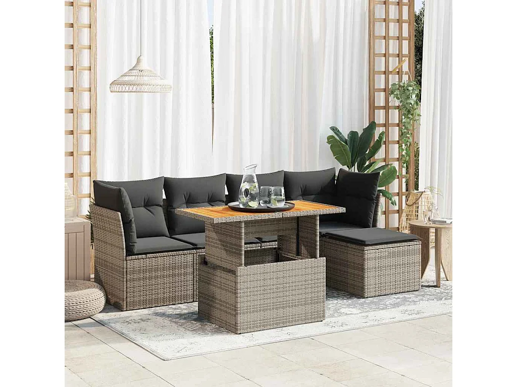 6-delige Loungeset met kussens poly rattan grijs