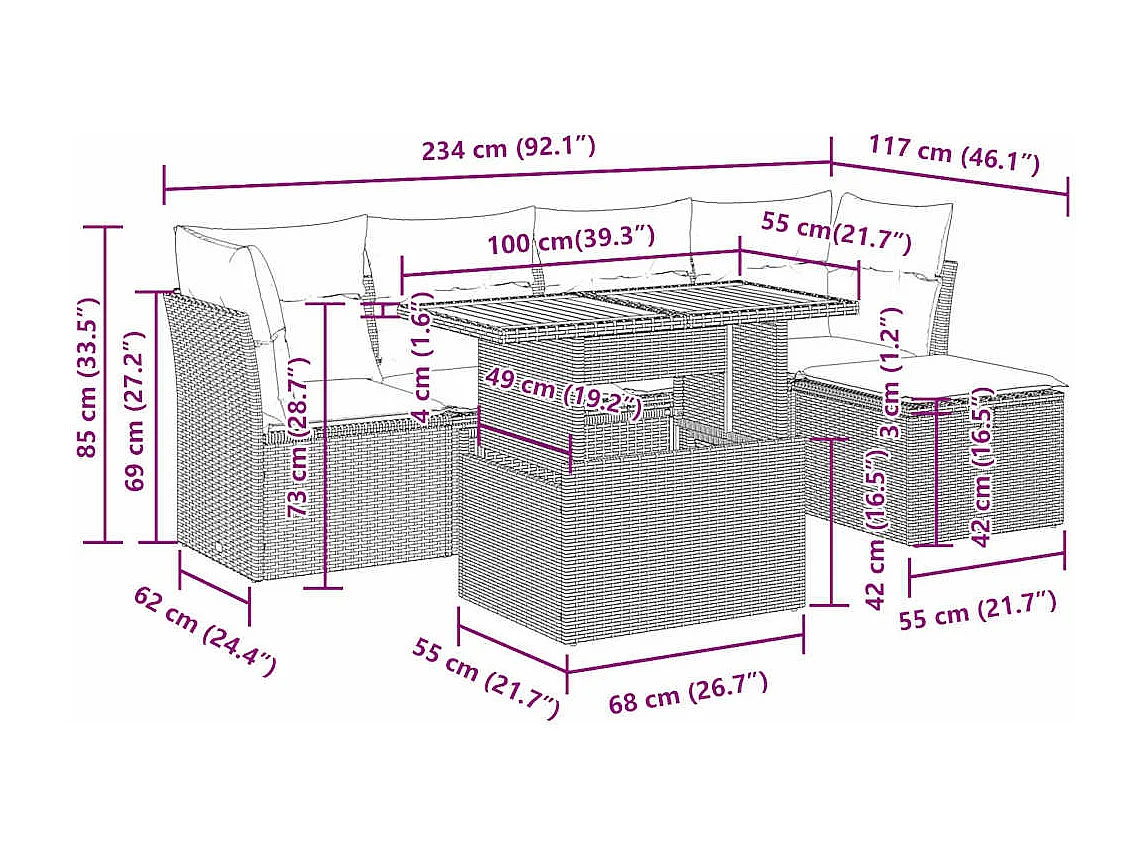 6-delige Loungeset met kussens poly rattan grijs