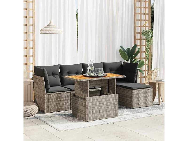6-delige Loungeset met kussens poly rattan grijs