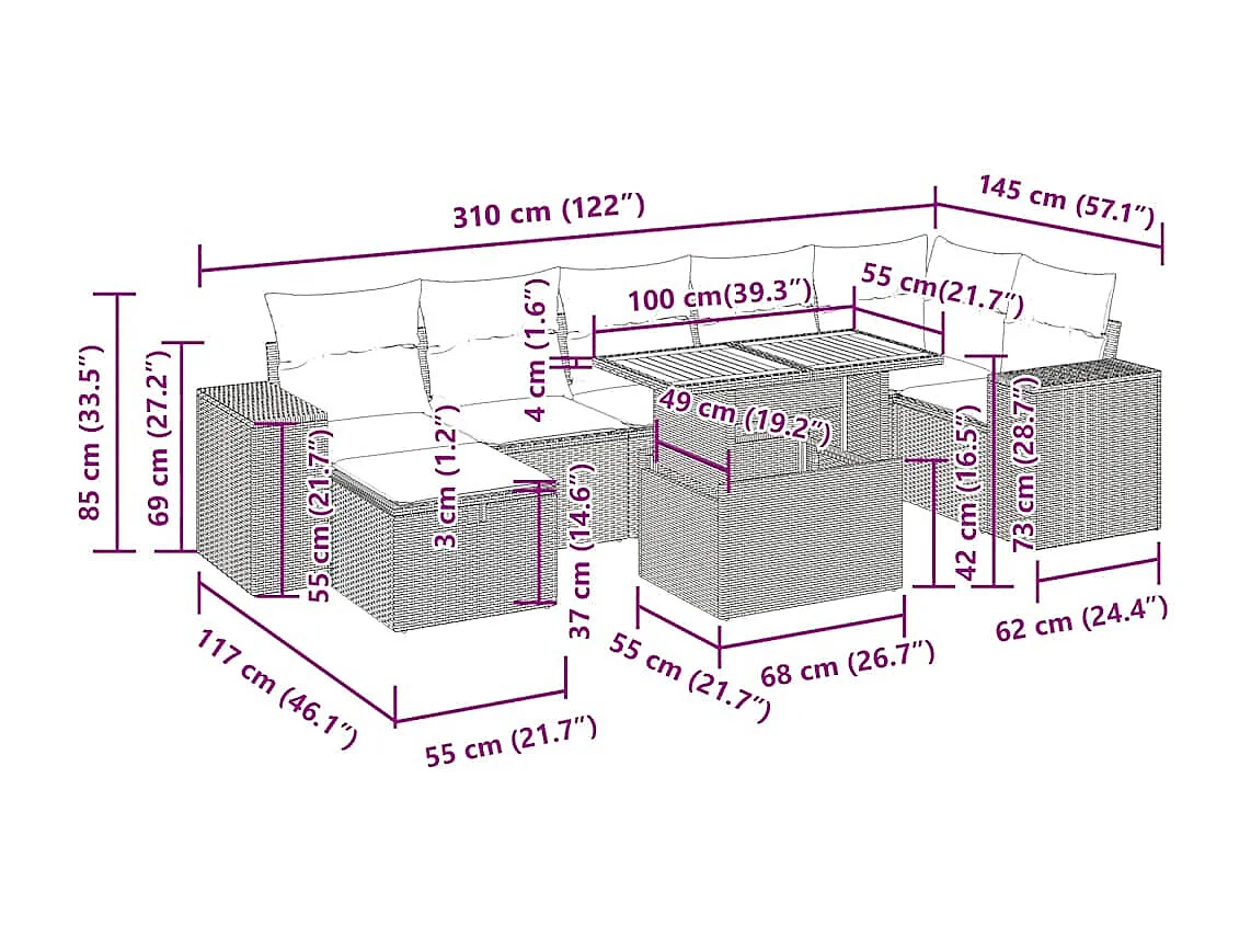 Zestaw modułowych sof ogrodowych z pojemnikiem i szarymi poduszkami z żywicy akacjowej dla 8 osób