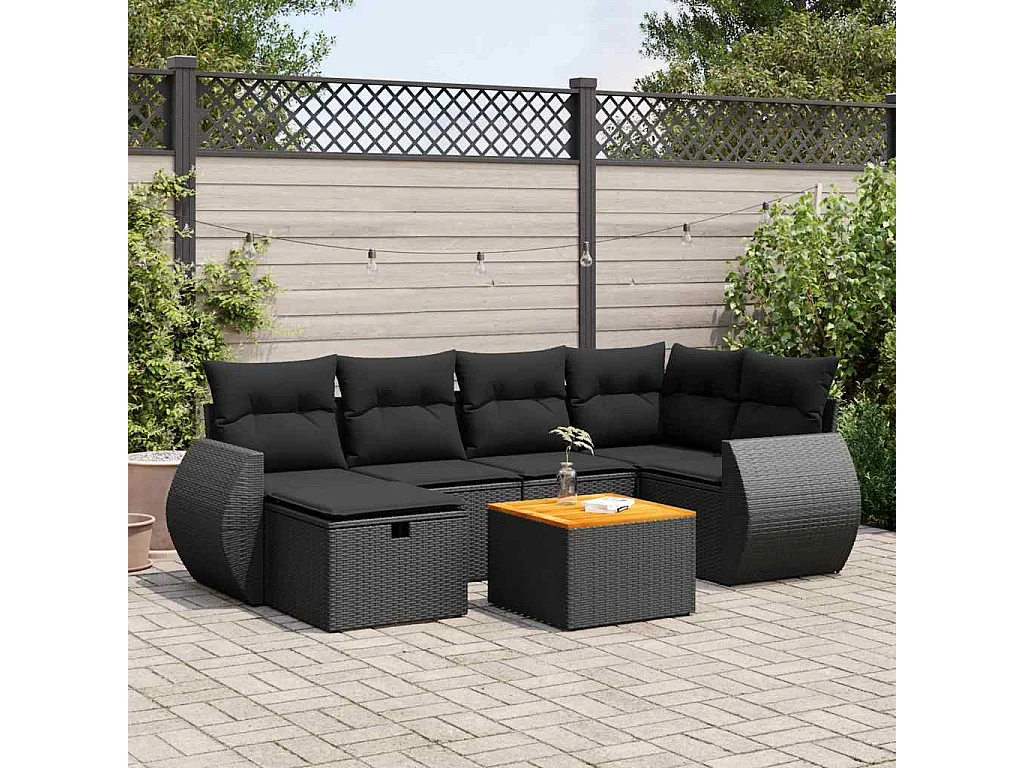 Salon de jardin 7 pcs avec coussins noir résine tressée