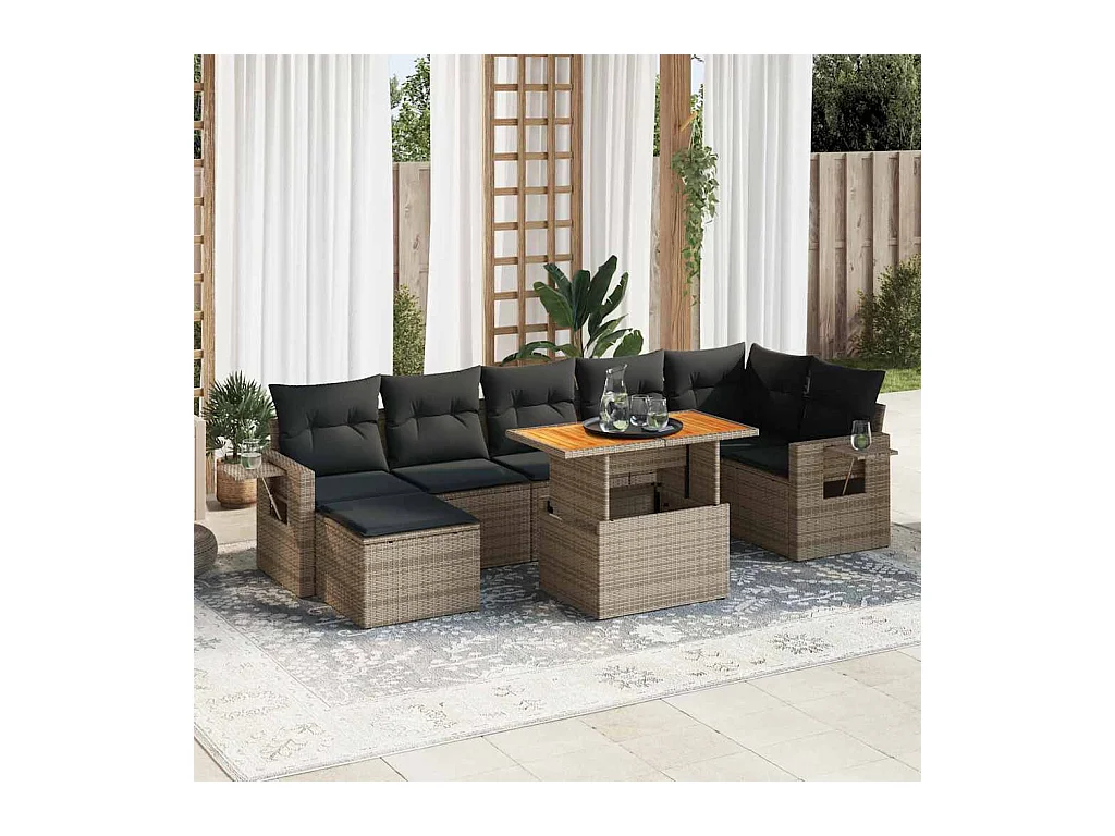 Salon de jardin 8 pcs avec coussins gris résine tressée
